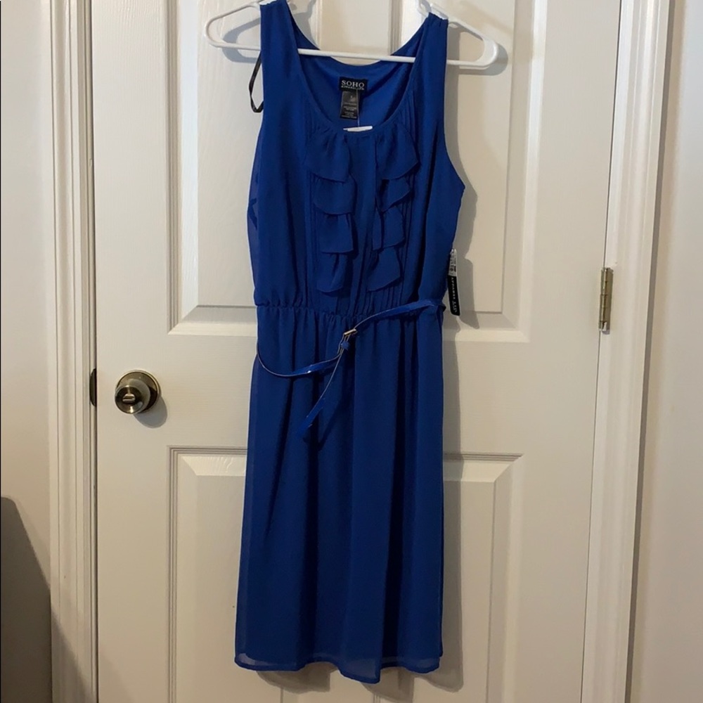 Blue Chiffon Style Pull on Tank Dress With Belt